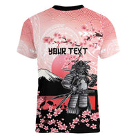 Personalised Japan Samurai Warrior Women V-Neck T-Shirt Japanese Cherry Blossom Polynesian Pattern - Wonder Print Shop