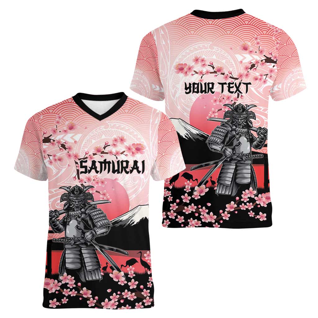 Personalised Japan Samurai Warrior Women V-Neck T-Shirt Japanese Cherry Blossom Polynesian Pattern - Wonder Print Shop