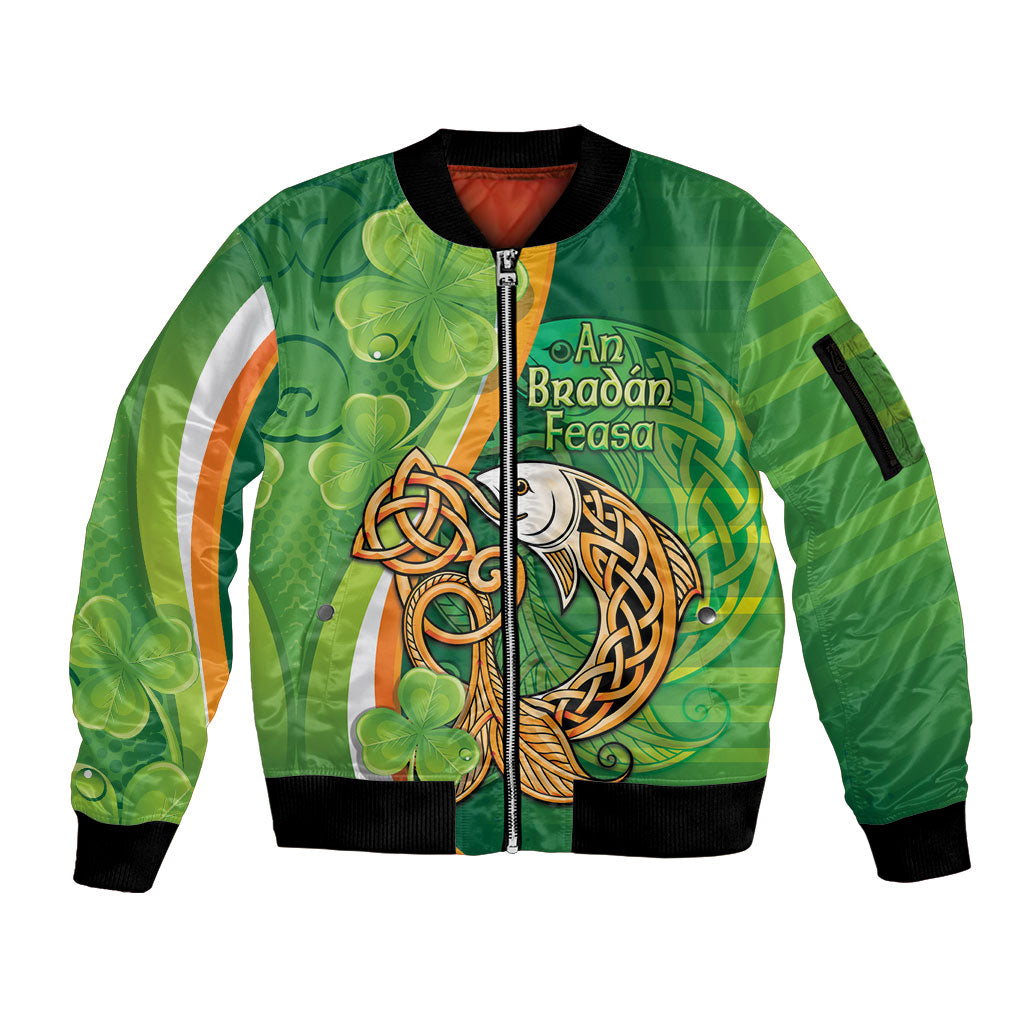 Salmon of Knowledge Ireland Sleeve Zip Bomber Jacket Celtic Mythology An Bradan Feasa