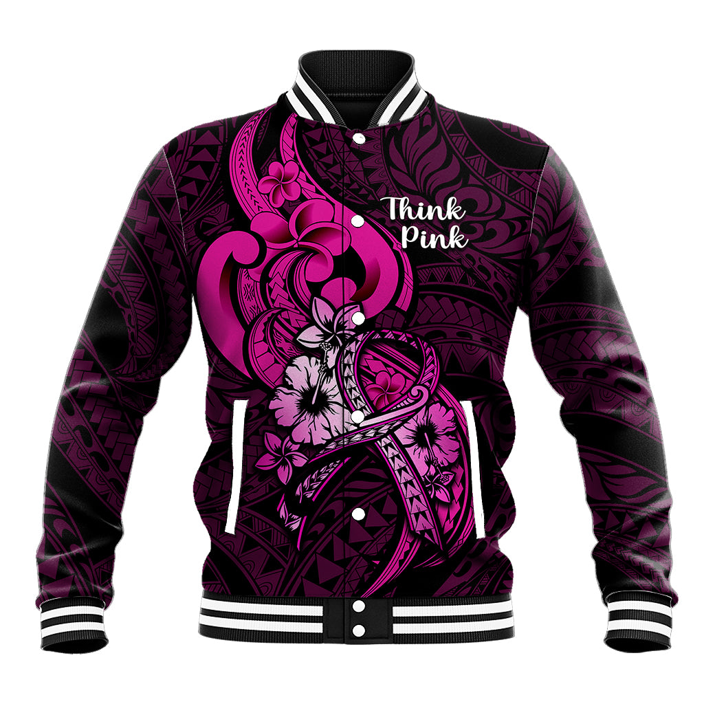 Polynesia Breast Cancer Awareness Baseball Jacket Think Pink Polynesian Ribbon Black Version - Wonder Print Shop