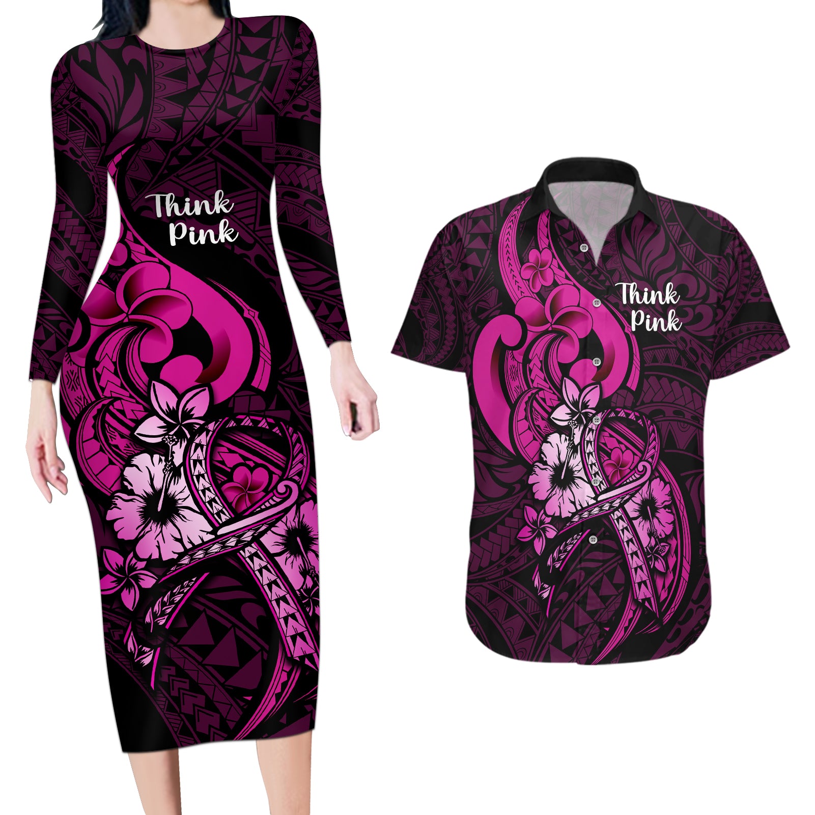 Polynesia Breast Cancer Awareness Couples Matching Long Sleeve Bodycon Dress and Hawaiian Shirt Think Pink Polynesian Ribbon Black Version - Wonder Print Shop