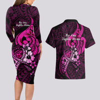 Polynesia Breast Cancer Awareness Couples Matching Long Sleeve Bodycon Dress and Hawaiian Shirt Think Pink Polynesian Ribbon Black Version - Wonder Print Shop