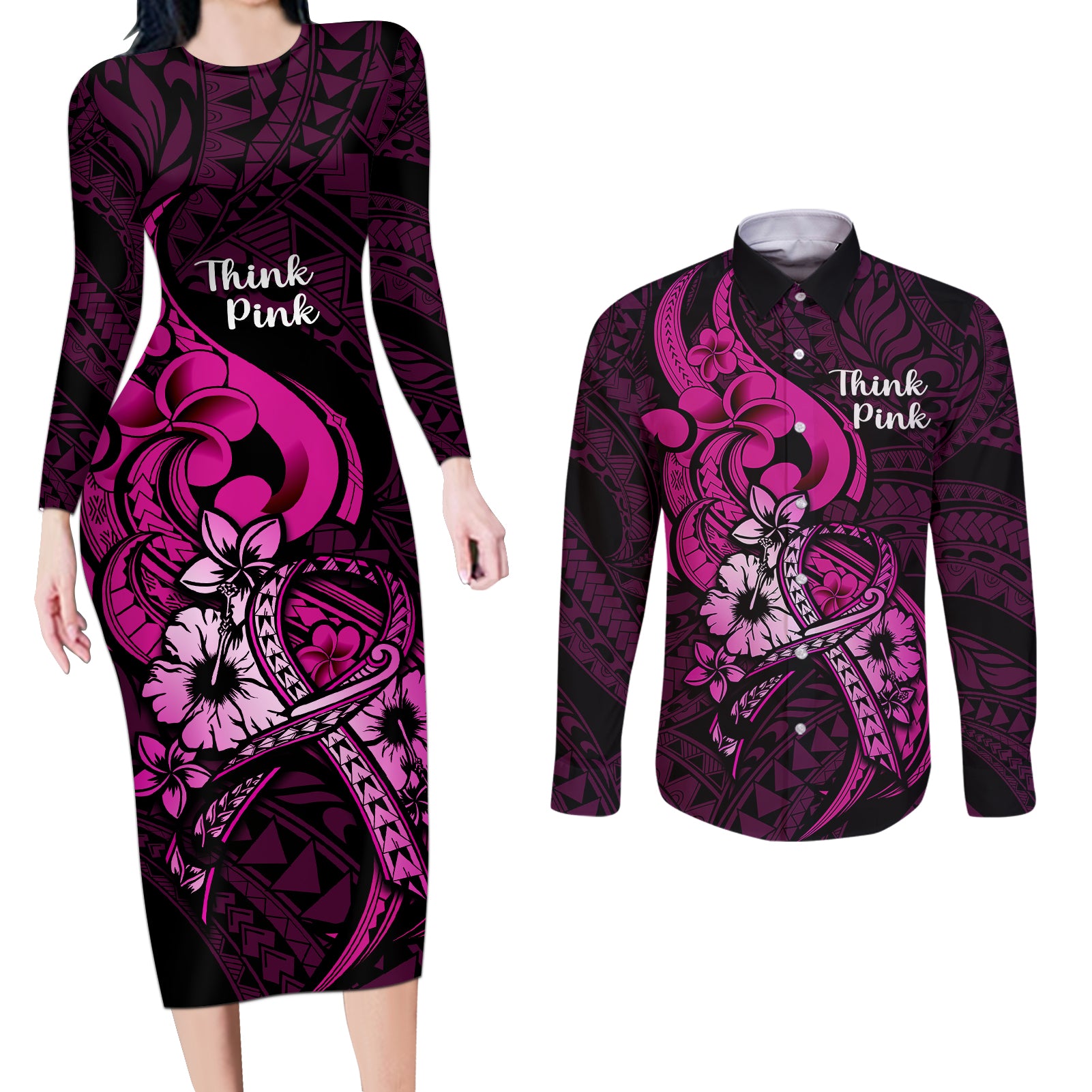Polynesia Breast Cancer Awareness Couples Matching Long Sleeve Bodycon Dress and Long Sleeve Button Shirts Think Pink Polynesian Ribbon Black Version - Wonder Print Shop
