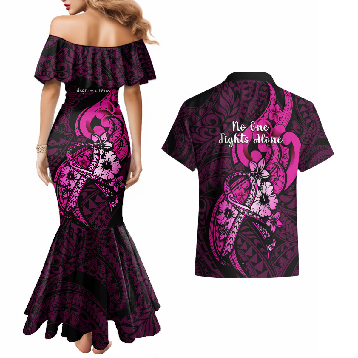 Polynesia Breast Cancer Awareness Couples Matching Mermaid Dress and Hawaiian Shirt Think Pink Polynesian Ribbon Black Version - Wonder Print Shop