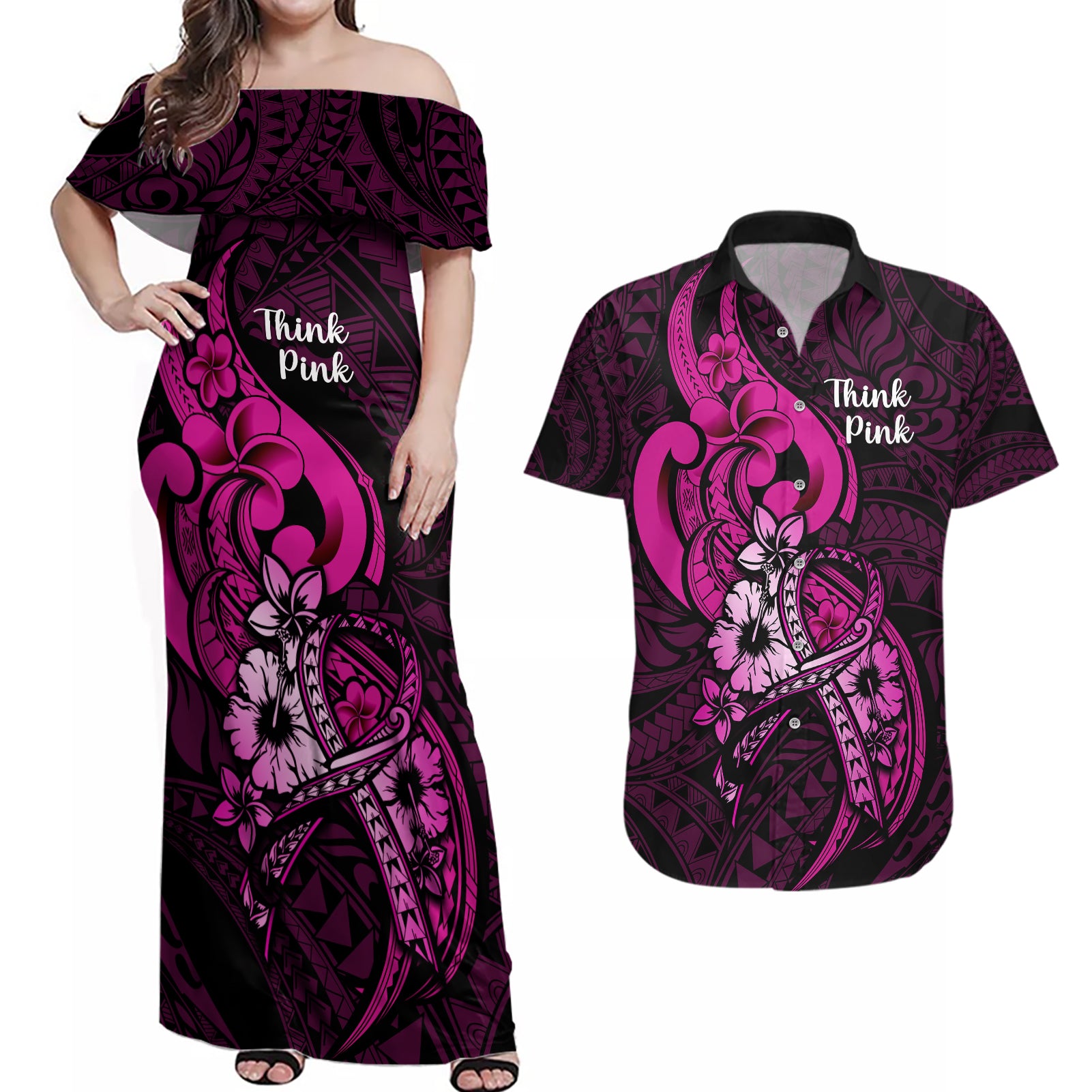 Polynesia Breast Cancer Awareness Couples Matching Off Shoulder Maxi Dress and Hawaiian Shirt Think Pink Polynesian Ribbon Black Version - Wonder Print Shop
