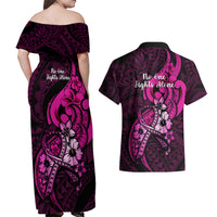 Polynesia Breast Cancer Awareness Couples Matching Off Shoulder Maxi Dress and Hawaiian Shirt Think Pink Polynesian Ribbon Black Version - Wonder Print Shop