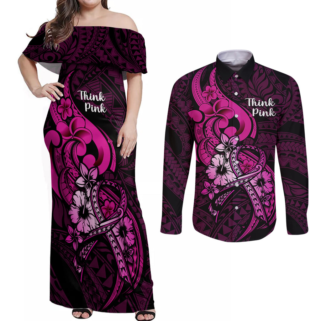 Polynesia Breast Cancer Awareness Couples Matching Off Shoulder Maxi Dress and Long Sleeve Button Shirts Think Pink Polynesian Ribbon Black Version - Wonder Print Shop