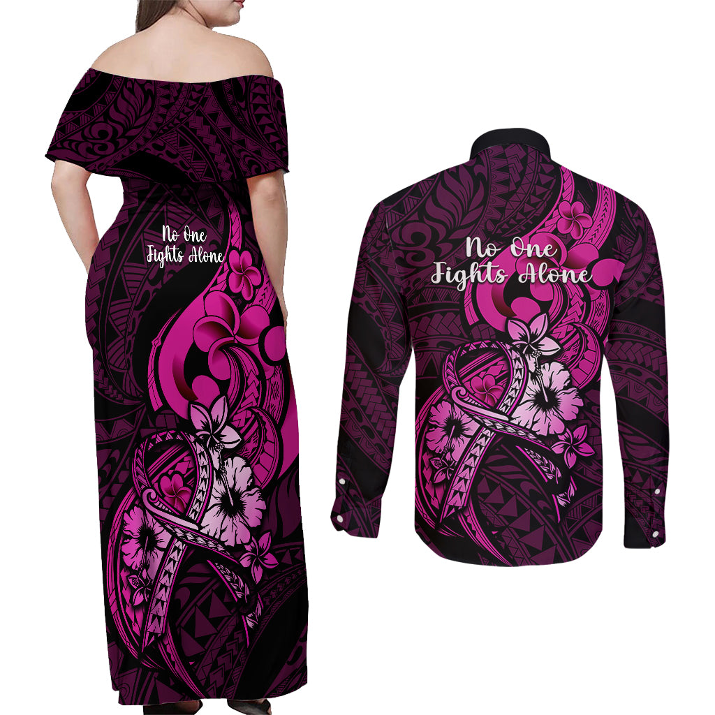 Polynesia Breast Cancer Awareness Couples Matching Off Shoulder Maxi Dress and Long Sleeve Button Shirts Think Pink Polynesian Ribbon Black Version - Wonder Print Shop