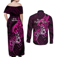 Polynesia Breast Cancer Awareness Couples Matching Off Shoulder Maxi Dress and Long Sleeve Button Shirts Think Pink Polynesian Ribbon Black Version - Wonder Print Shop