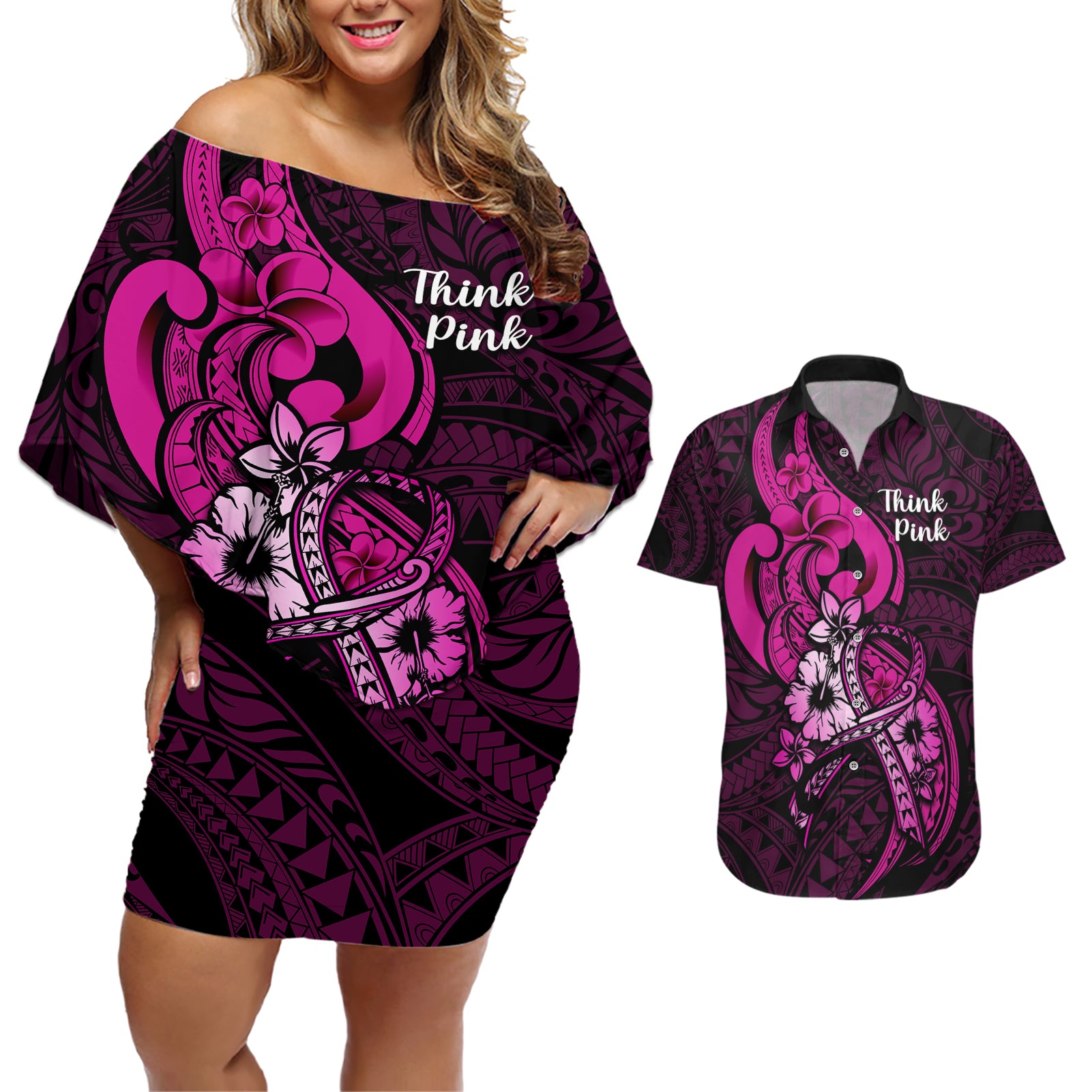 Polynesia Breast Cancer Awareness Couples Matching Off Shoulder Short Dress and Hawaiian Shirt Think Pink Polynesian Ribbon Black Version - Wonder Print Shop