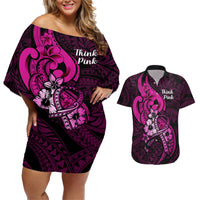 Polynesia Breast Cancer Awareness Couples Matching Off Shoulder Short Dress and Hawaiian Shirt Think Pink Polynesian Ribbon Black Version - Wonder Print Shop