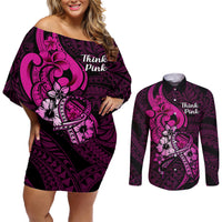 Polynesia Breast Cancer Awareness Couples Matching Off Shoulder Short Dress and Long Sleeve Button Shirts Think Pink Polynesian Ribbon Black Version - Wonder Print Shop