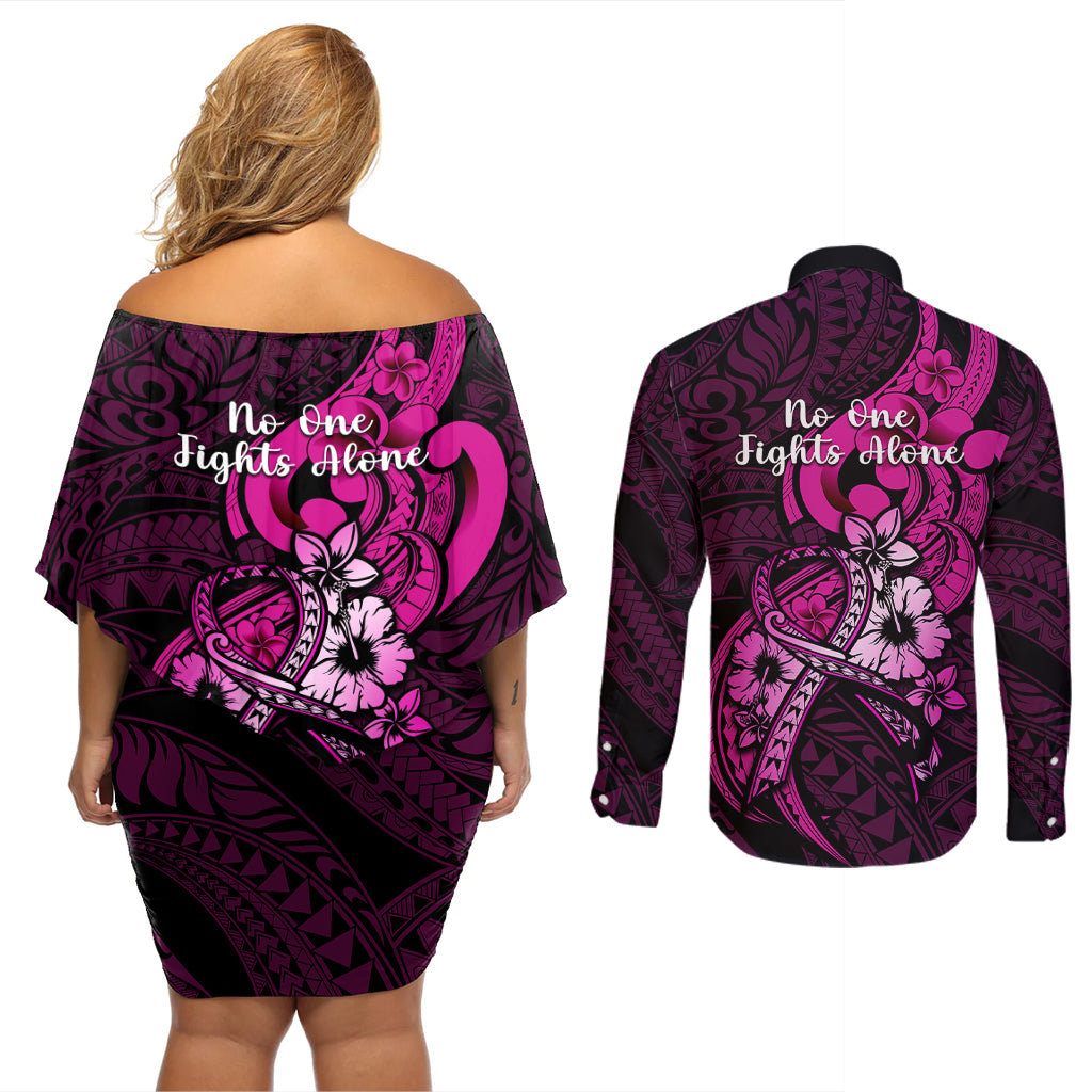 Polynesia Breast Cancer Awareness Couples Matching Off Shoulder Short Dress and Long Sleeve Button Shirts Think Pink Polynesian Ribbon Black Version - Wonder Print Shop