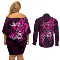 Polynesia Breast Cancer Awareness Couples Matching Off Shoulder Short Dress and Long Sleeve Button Shirts Think Pink Polynesian Ribbon Black Version - Wonder Print Shop