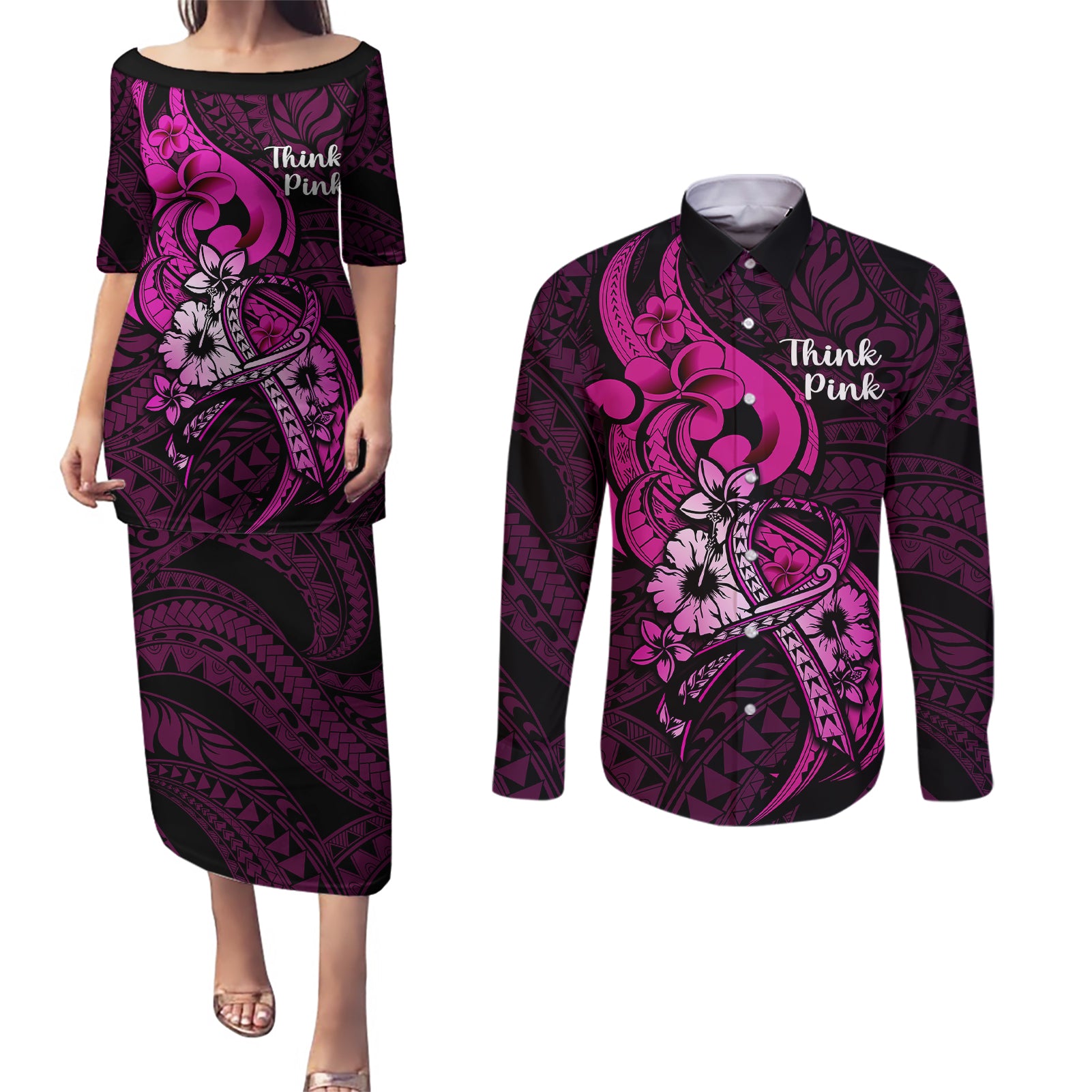 Polynesia Breast Cancer Awareness Couples Matching Puletasi Dress and Long Sleeve Button Shirts Think Pink Polynesian Ribbon Black Version - Wonder Print Shop