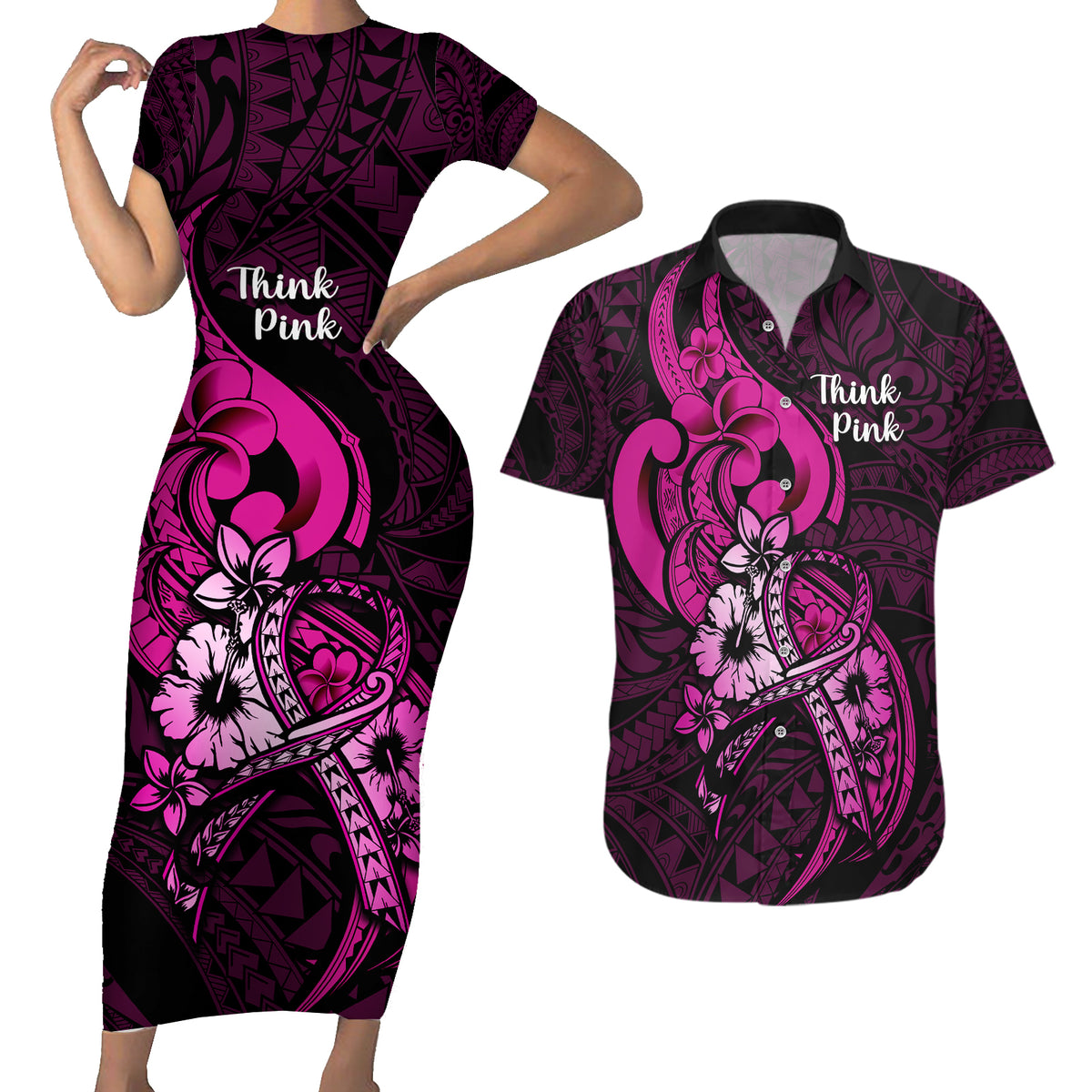 Polynesia Breast Cancer Awareness Couples Matching Short Sleeve Bodycon Dress and Hawaiian Shirt Think Pink Polynesian Ribbon Black Version - Wonder Print Shop