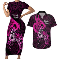 Polynesia Breast Cancer Awareness Couples Matching Short Sleeve Bodycon Dress and Hawaiian Shirt Think Pink Polynesian Ribbon Black Version - Wonder Print Shop