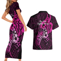 Polynesia Breast Cancer Awareness Couples Matching Short Sleeve Bodycon Dress and Hawaiian Shirt Think Pink Polynesian Ribbon Black Version - Wonder Print Shop