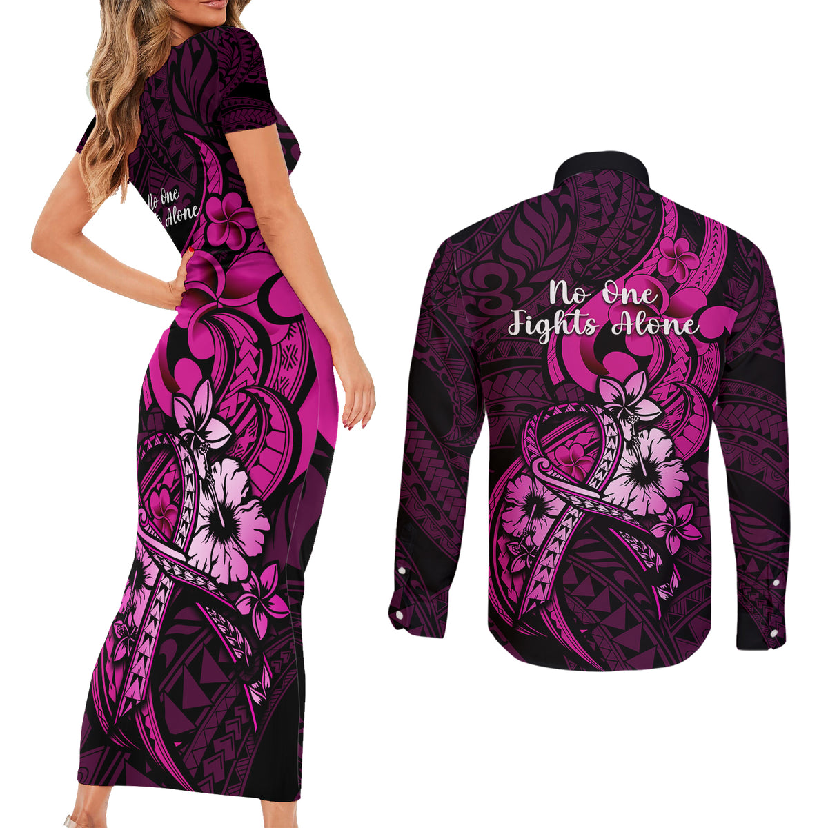 Polynesia Breast Cancer Awareness Couples Matching Short Sleeve Bodycon Dress and Long Sleeve Button Shirts Think Pink Polynesian Ribbon Black Version - Wonder Print Shop