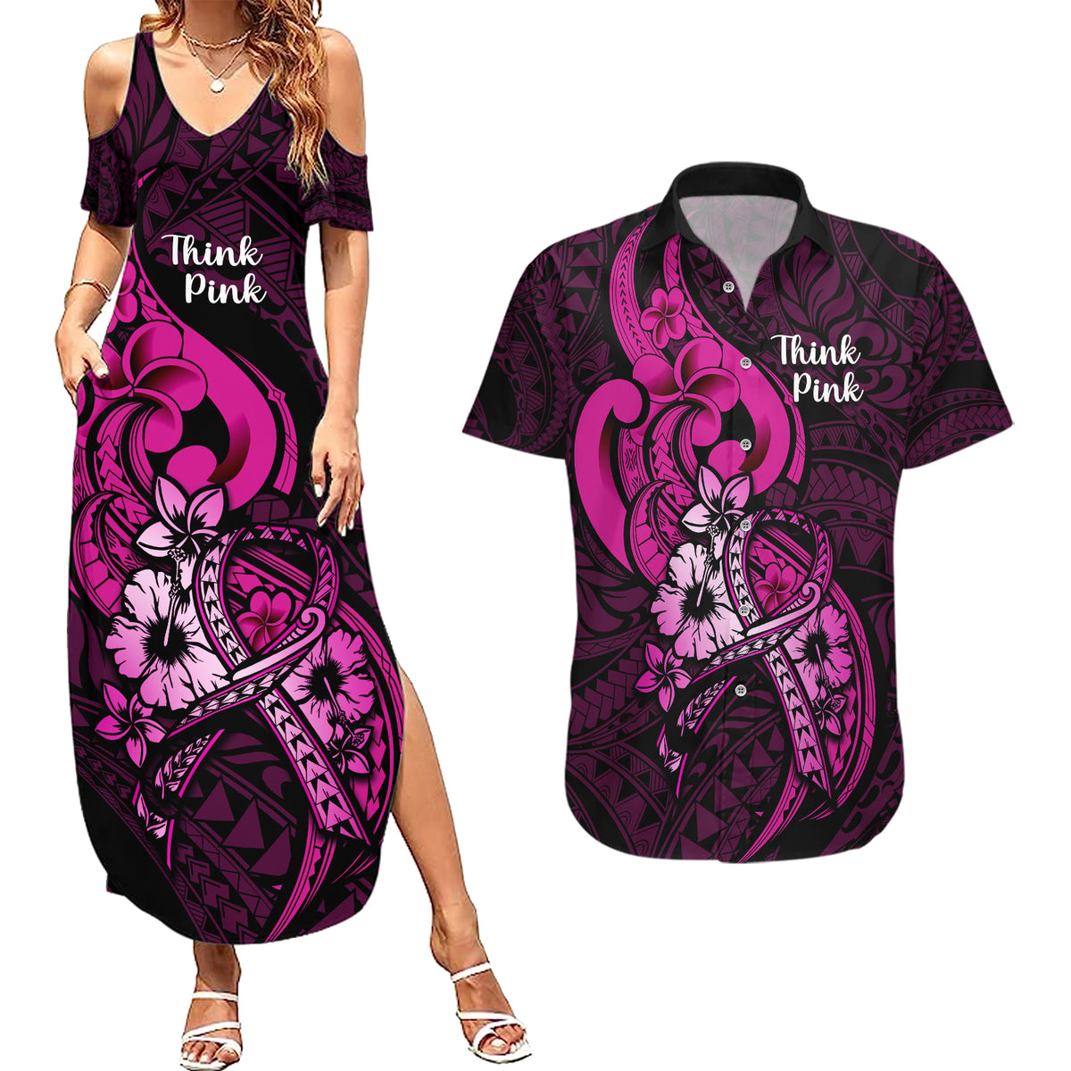 Polynesia Breast Cancer Awareness Couples Matching Summer Maxi Dress and Hawaiian Shirt Think Pink Polynesian Ribbon Black Version - Wonder Print Shop