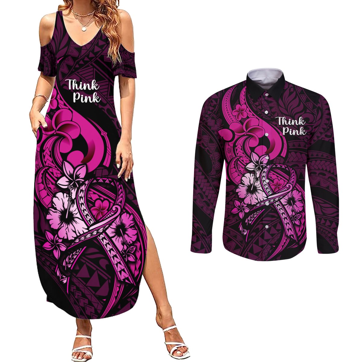 Polynesia Breast Cancer Awareness Couples Matching Summer Maxi Dress and Long Sleeve Button Shirts Think Pink Polynesian Ribbon Black Version - Wonder Print Shop