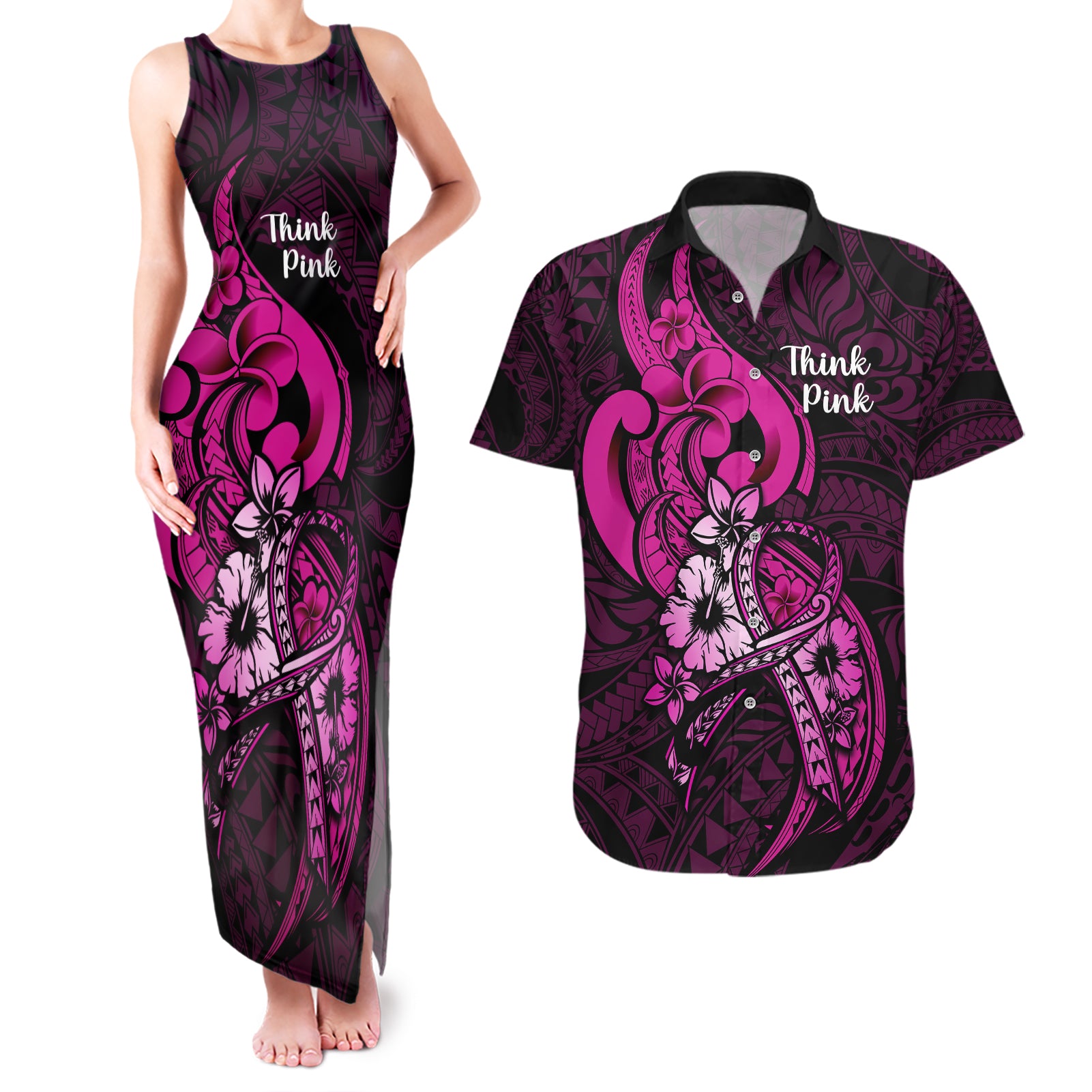 Polynesia Breast Cancer Awareness Couples Matching Tank Maxi Dress and Hawaiian Shirt Think Pink Polynesian Ribbon Black Version - Wonder Print Shop