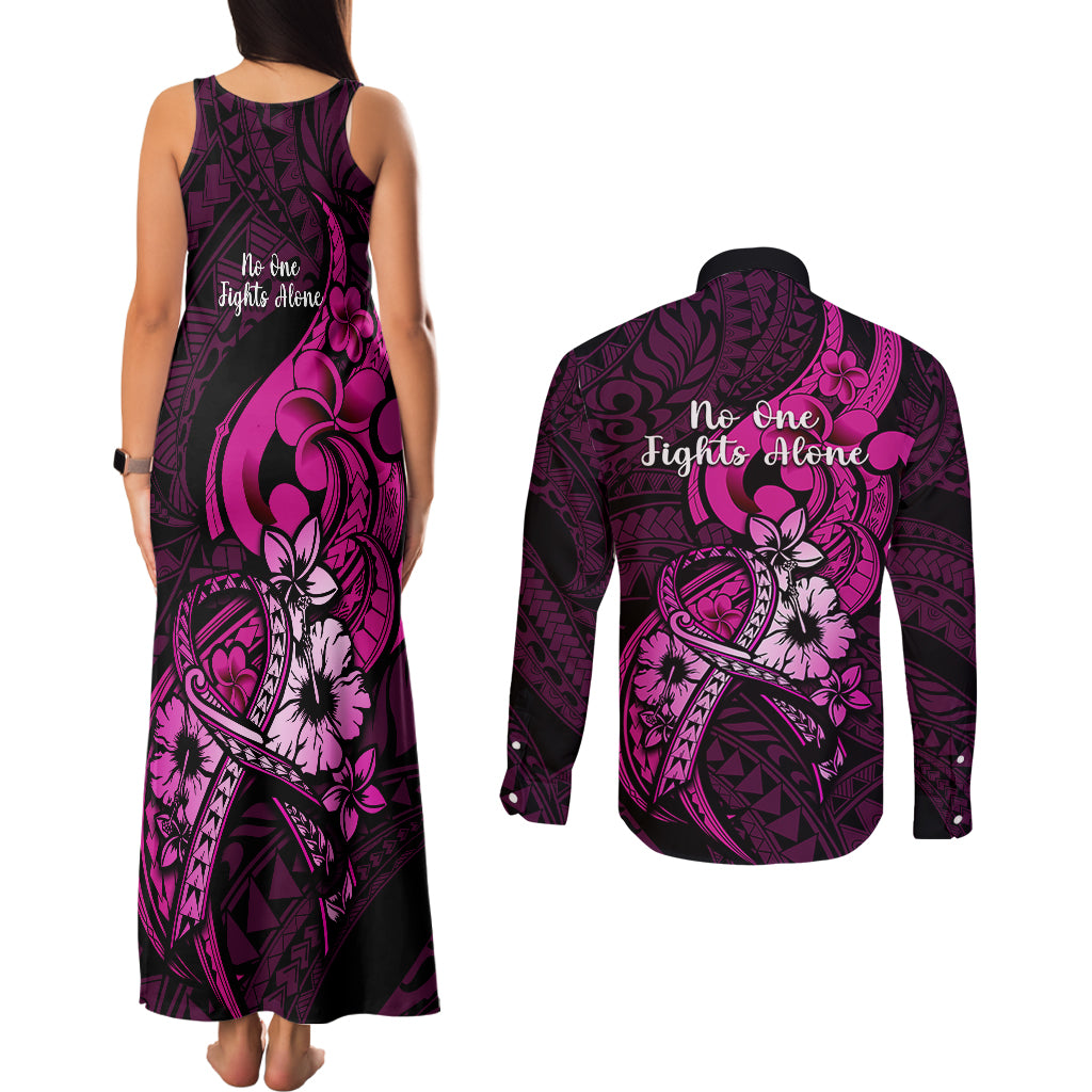 Polynesia Breast Cancer Awareness Couples Matching Tank Maxi Dress and Long Sleeve Button Shirts Think Pink Polynesian Ribbon Black Version - Wonder Print Shop