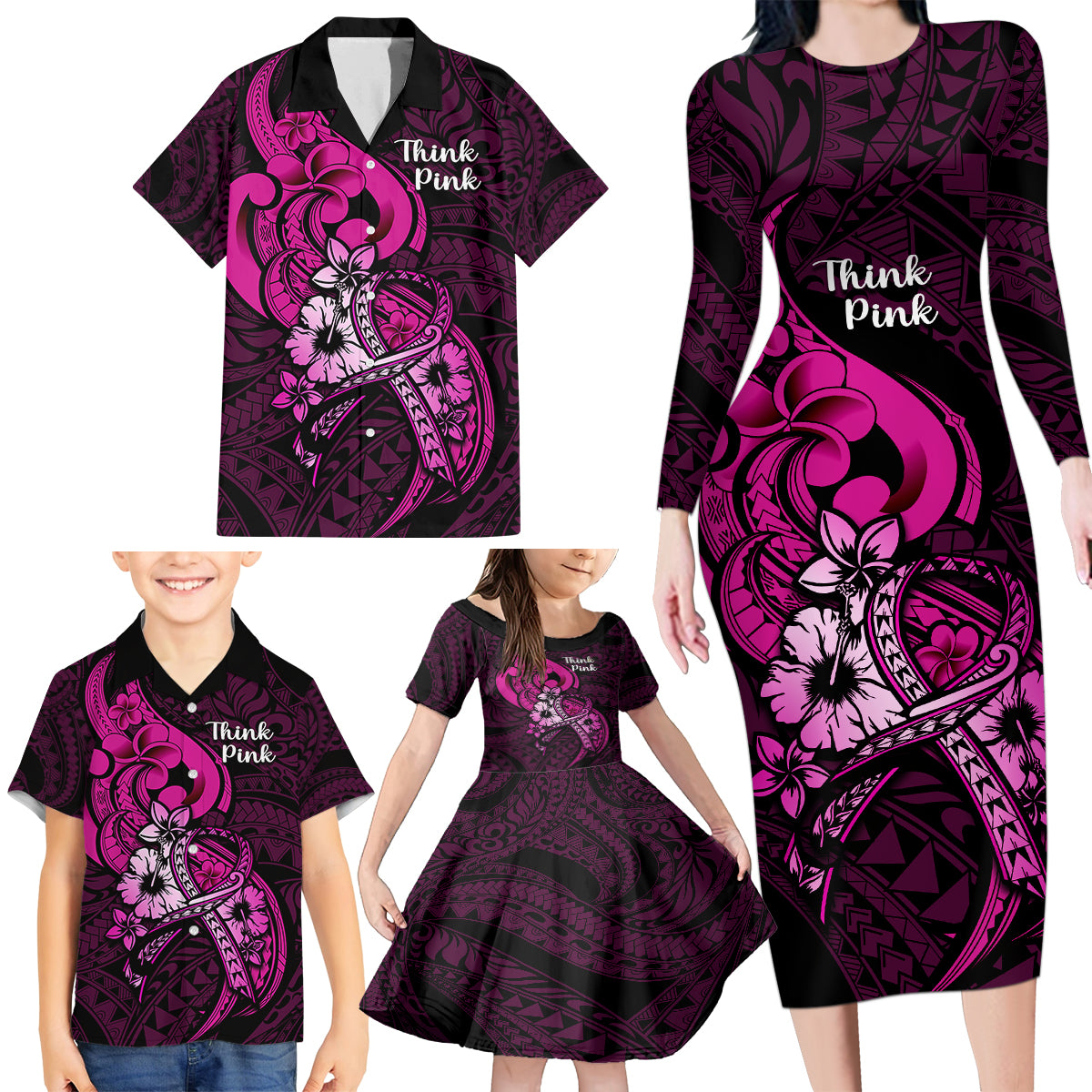 Polynesia Breast Cancer Awareness Family Matching Long Sleeve Bodycon Dress and Hawaiian Shirt Think Pink Polynesian Ribbon Black Version - Wonder Print Shop