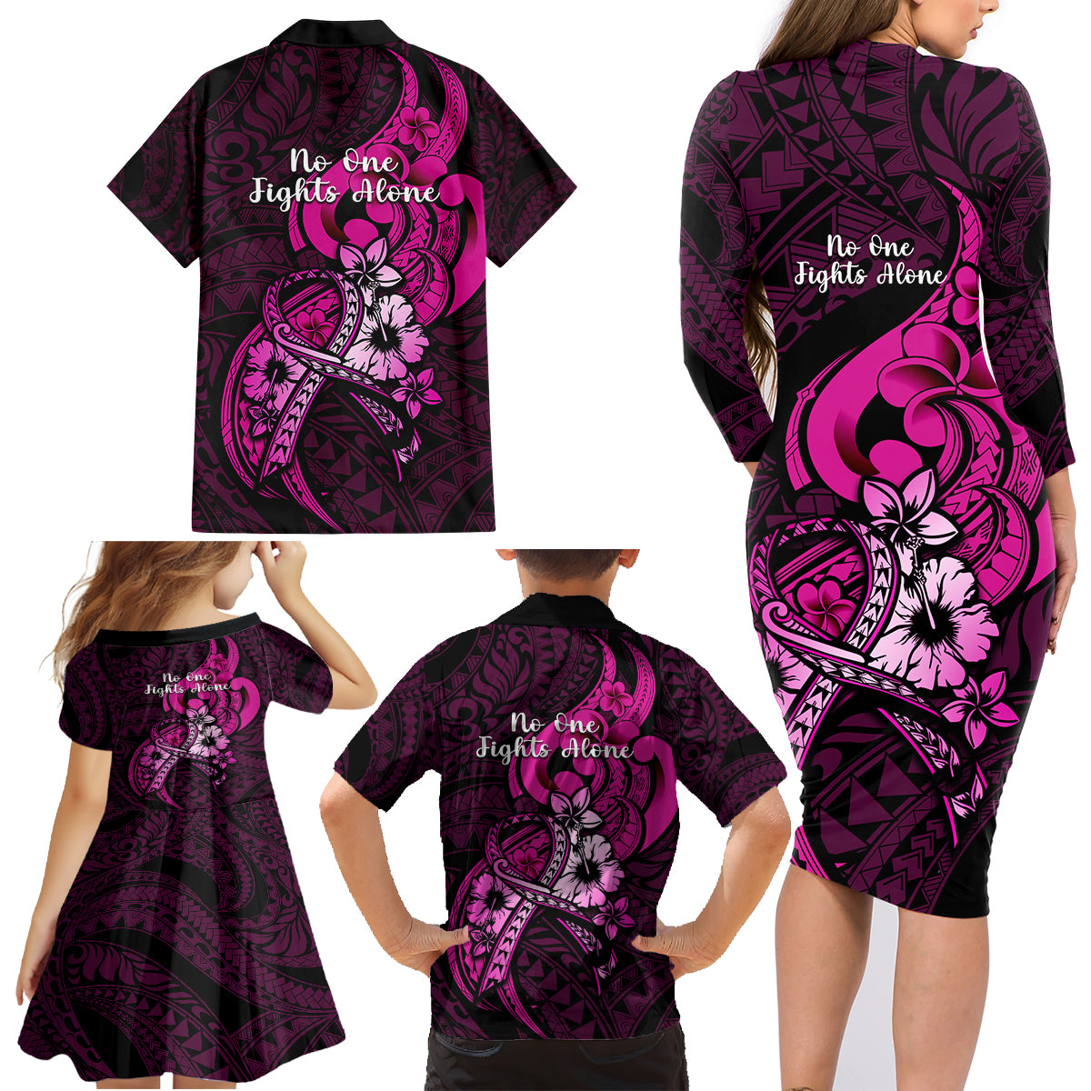 Polynesia Breast Cancer Awareness Family Matching Long Sleeve Bodycon Dress and Hawaiian Shirt Think Pink Polynesian Ribbon Black Version - Wonder Print Shop