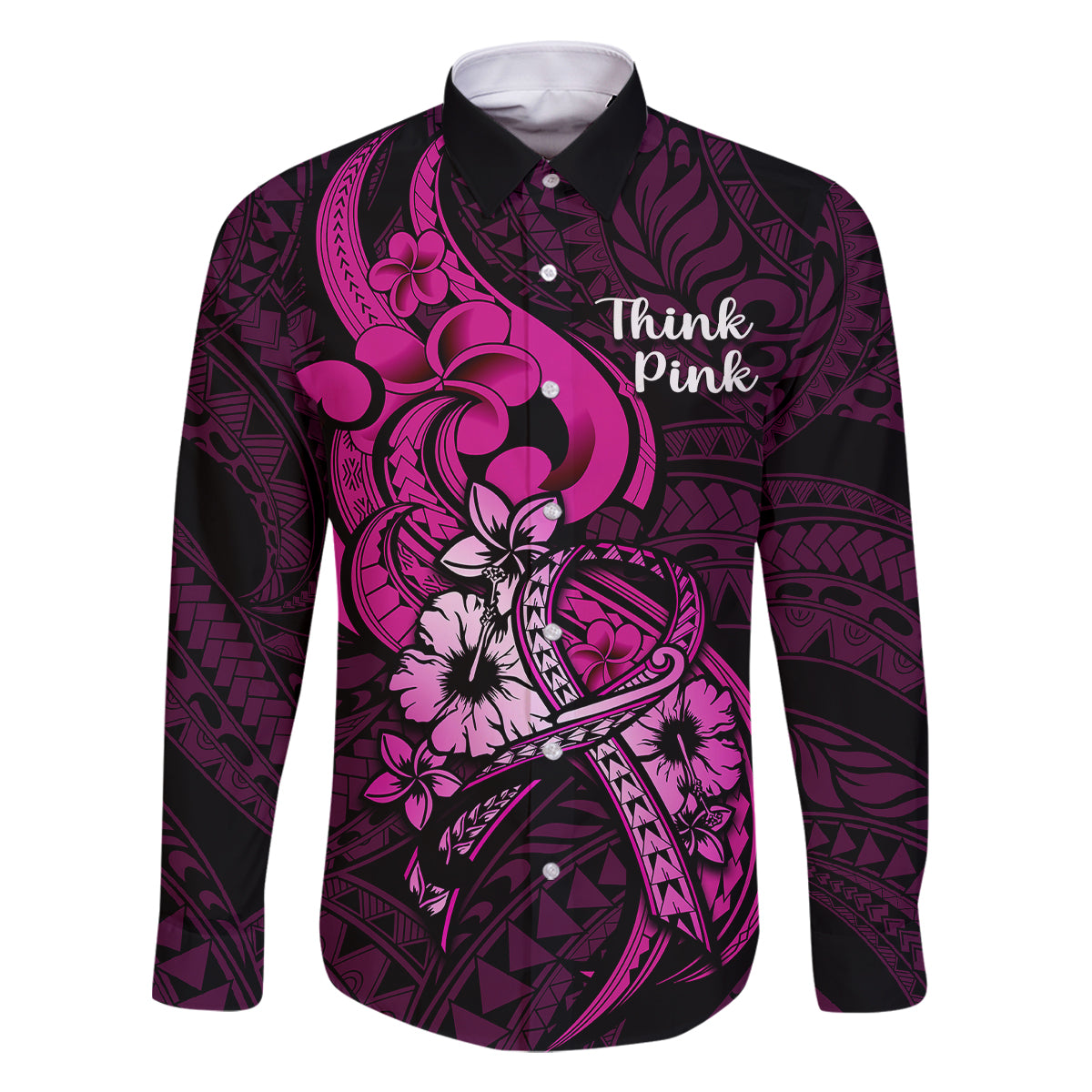 Polynesia Breast Cancer Awareness Family Matching Long Sleeve Bodycon Dress and Hawaiian Shirt Think Pink Polynesian Ribbon Black Version - Wonder Print Shop