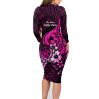 Polynesia Breast Cancer Awareness Family Matching Long Sleeve Bodycon Dress and Hawaiian Shirt Think Pink Polynesian Ribbon Black Version - Wonder Print Shop