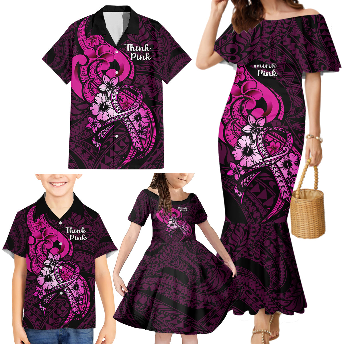 Polynesia Breast Cancer Awareness Family Matching Mermaid Dress and Hawaiian Shirt Think Pink Polynesian Ribbon Black Version - Wonder Print Shop