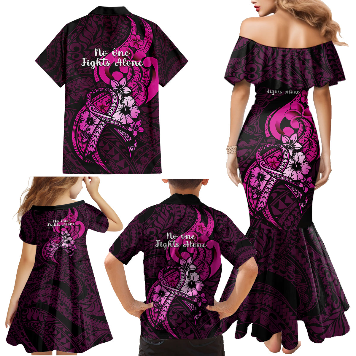 Polynesia Breast Cancer Awareness Family Matching Mermaid Dress and Hawaiian Shirt Think Pink Polynesian Ribbon Black Version - Wonder Print Shop