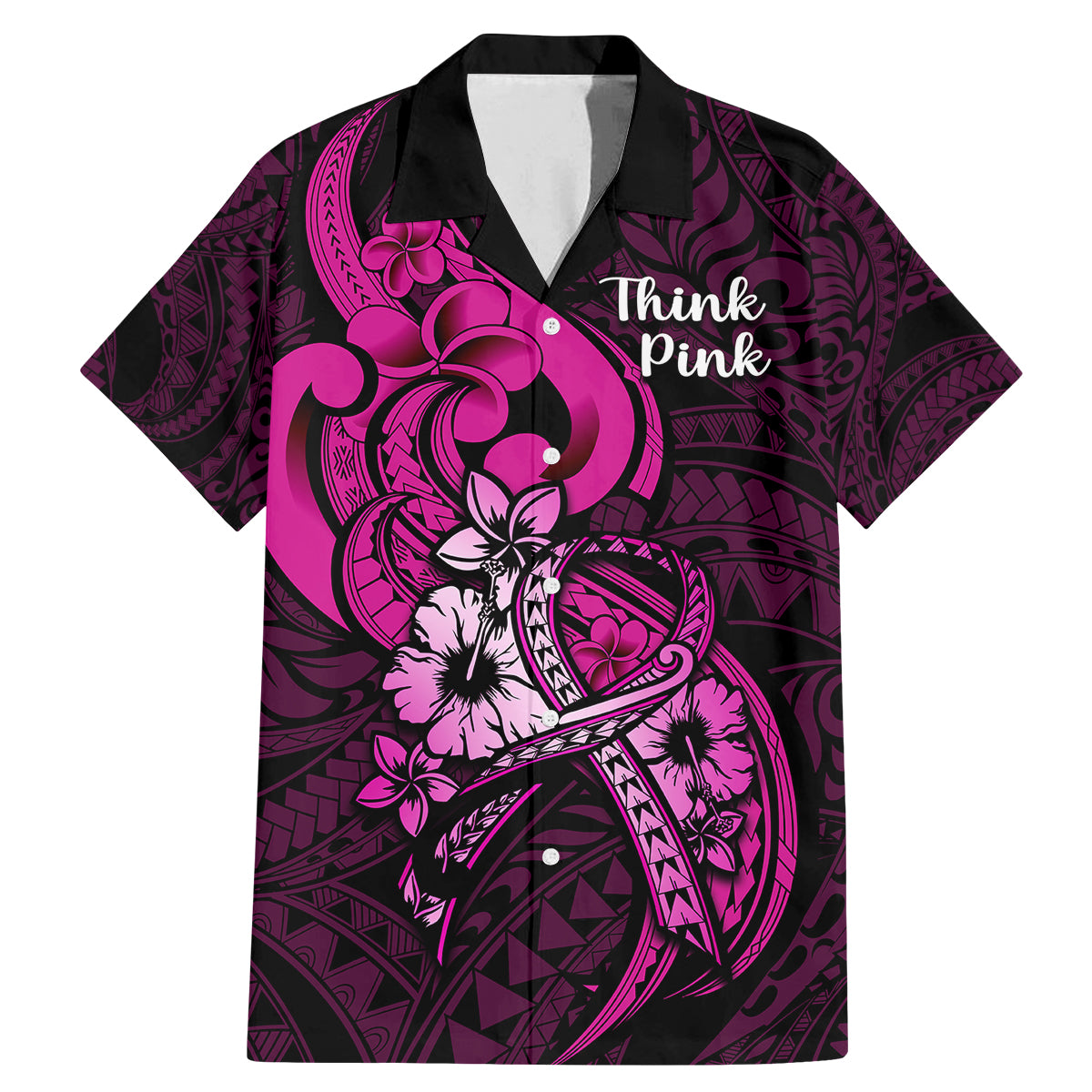 Polynesia Breast Cancer Awareness Family Matching Mermaid Dress and Hawaiian Shirt Think Pink Polynesian Ribbon Black Version - Wonder Print Shop