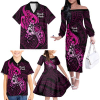 Polynesia Breast Cancer Awareness Family Matching Off Shoulder Long Sleeve Dress and Hawaiian Shirt Think Pink Polynesian Ribbon Black Version - Wonder Print Shop