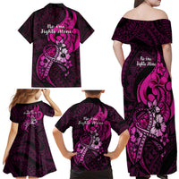 Polynesia Breast Cancer Awareness Family Matching Off Shoulder Long Sleeve Dress and Hawaiian Shirt Think Pink Polynesian Ribbon Black Version - Wonder Print Shop