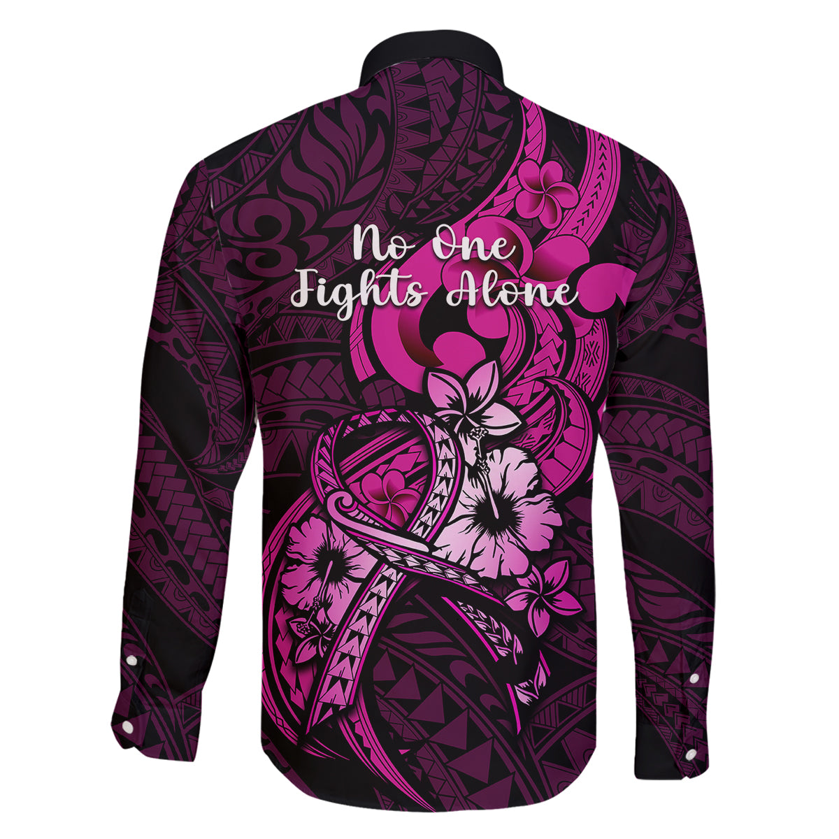 Polynesia Breast Cancer Awareness Family Matching Off Shoulder Long Sleeve Dress and Hawaiian Shirt Think Pink Polynesian Ribbon Black Version - Wonder Print Shop