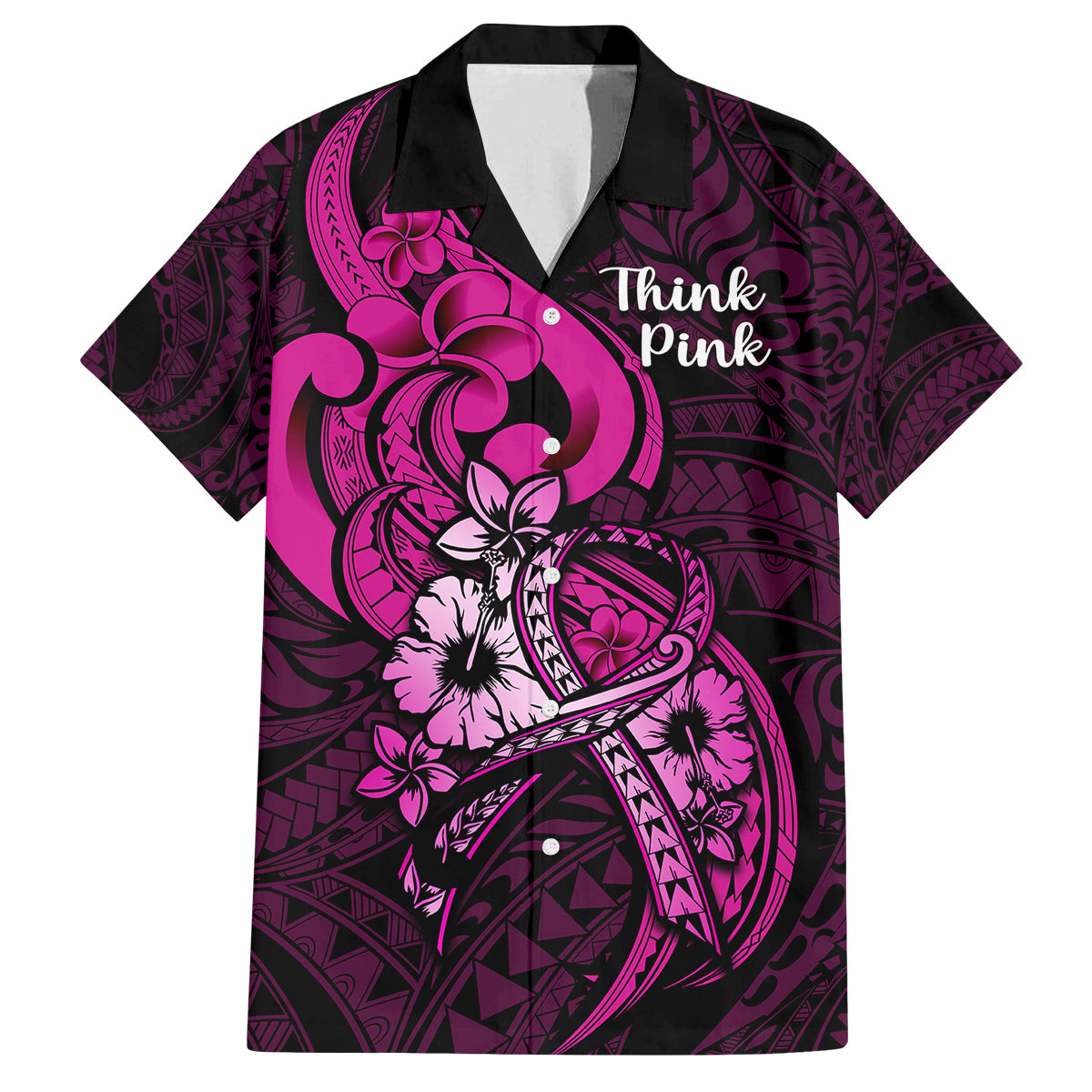 Polynesia Breast Cancer Awareness Family Matching Off Shoulder Maxi Dress and Hawaiian Shirt Think Pink Polynesian Ribbon Black Version - Wonder Print Shop