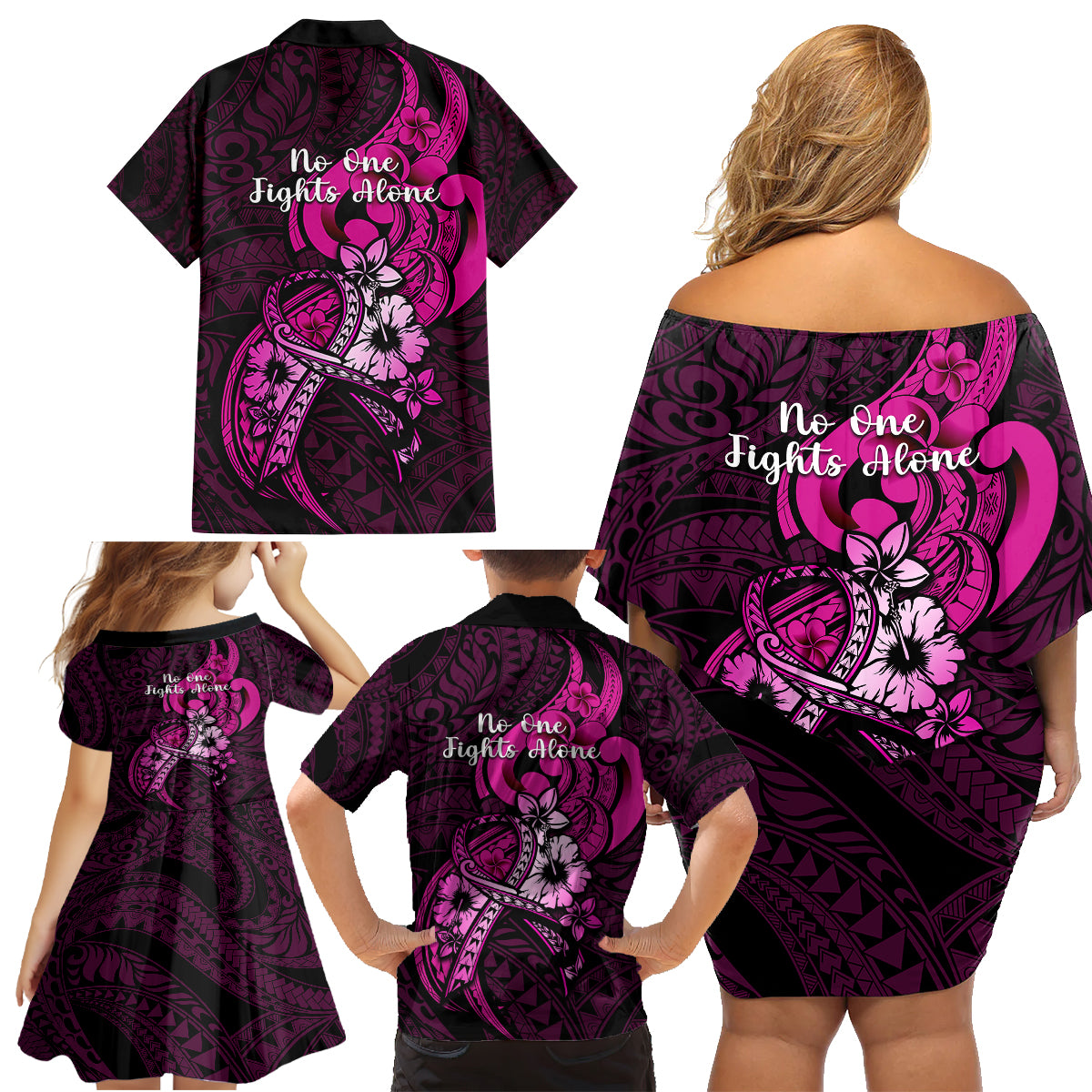 Polynesia Breast Cancer Awareness Family Matching Off Shoulder Short Dress and Hawaiian Shirt Think Pink Polynesian Ribbon Black Version - Wonder Print Shop