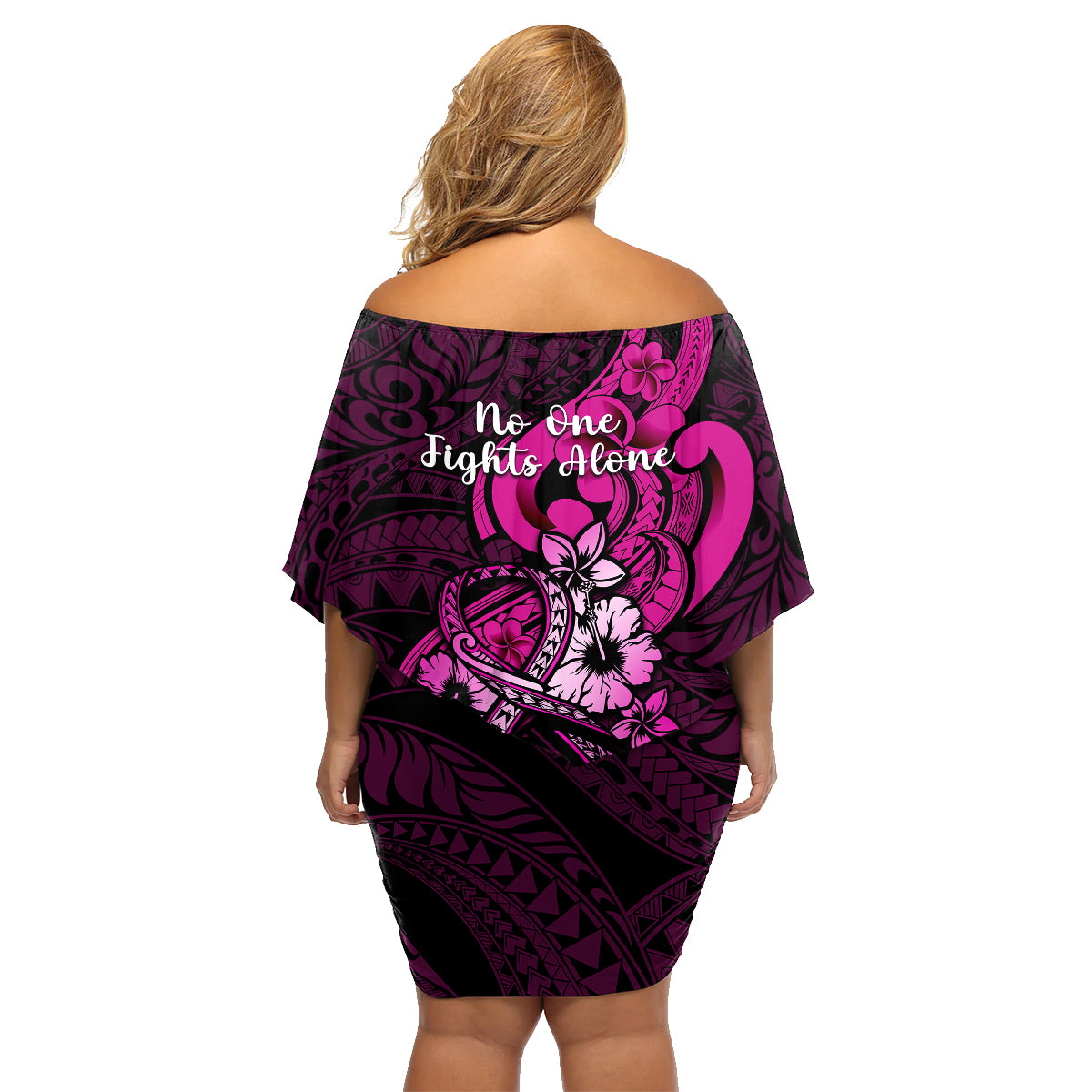 Polynesia Breast Cancer Awareness Family Matching Off Shoulder Short Dress and Hawaiian Shirt Think Pink Polynesian Ribbon Black Version - Wonder Print Shop