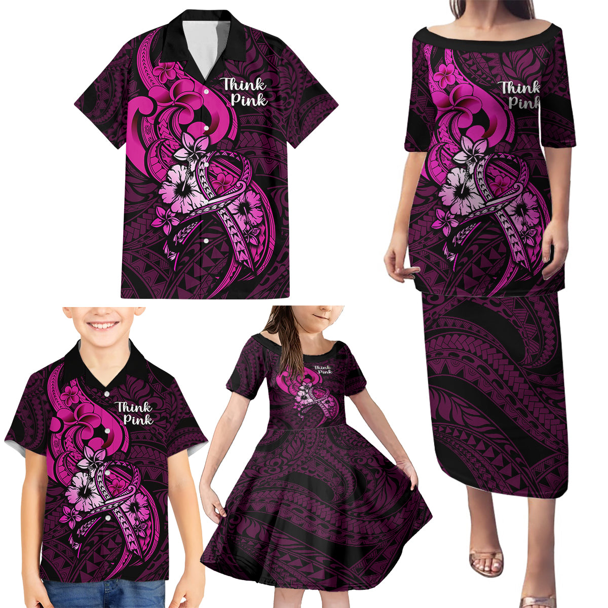 Polynesia Breast Cancer Awareness Family Matching Puletasi Dress and Hawaiian Shirt Think Pink Polynesian Ribbon Black Version - Wonder Print Shop