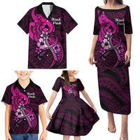 Polynesia Breast Cancer Awareness Family Matching Puletasi Dress and Hawaiian Shirt Think Pink Polynesian Ribbon Black Version - Wonder Print Shop