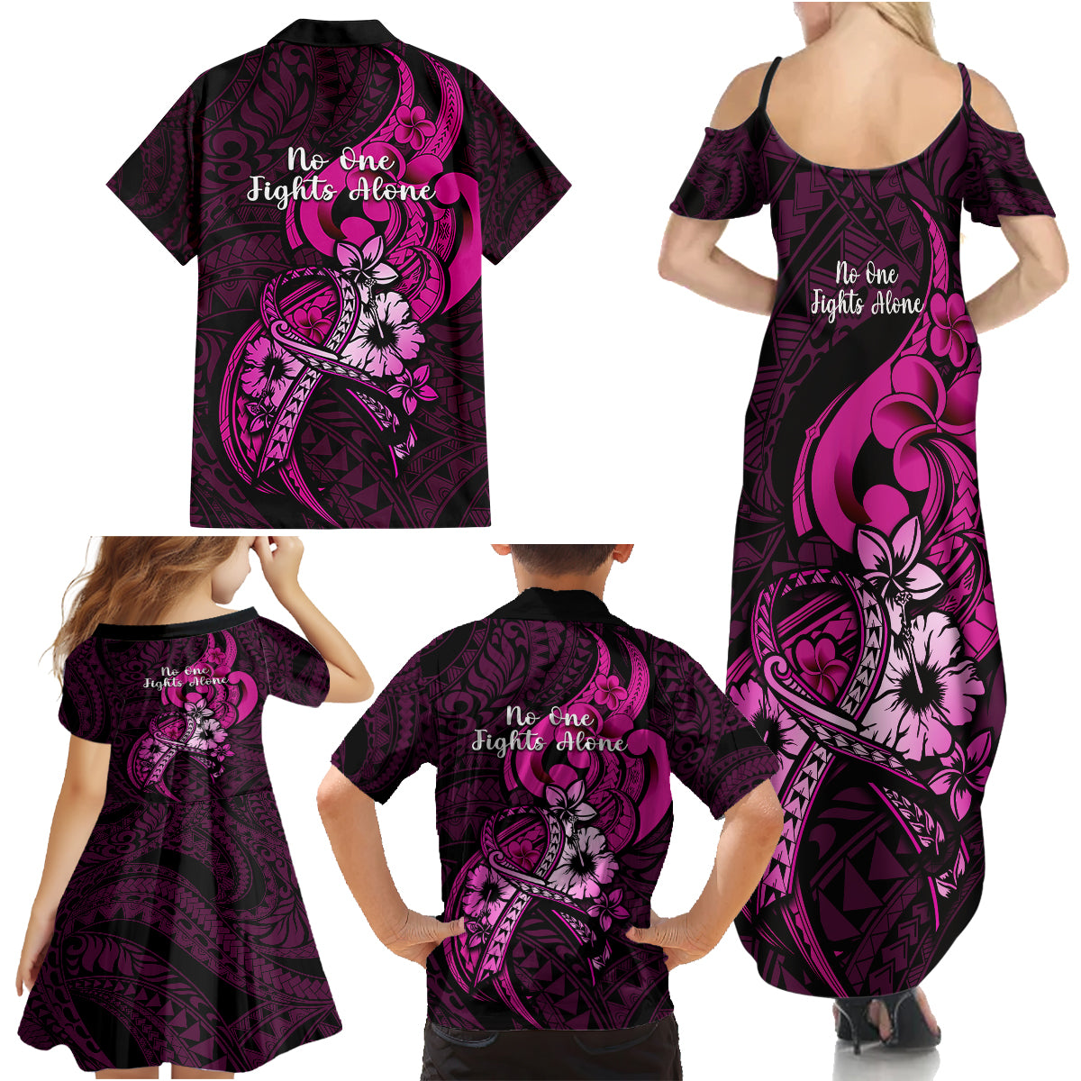 Polynesia Breast Cancer Awareness Family Matching Summer Maxi Dress and Hawaiian Shirt Think Pink Polynesian Ribbon Black Version - Wonder Print Shop
