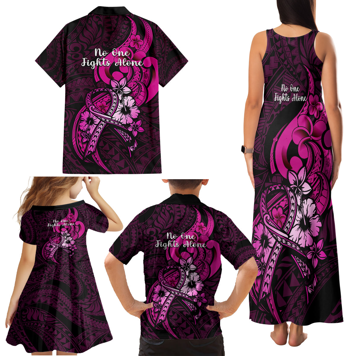 Polynesia Breast Cancer Awareness Family Matching Tank Maxi Dress and Hawaiian Shirt Think Pink Polynesian Ribbon Black Version - Wonder Print Shop