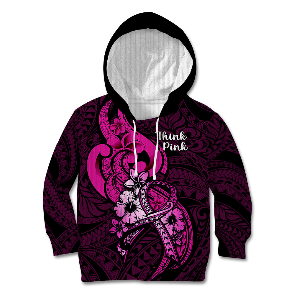 Polynesia Breast Cancer Awareness Kid Hoodie Think Pink Polynesian Ribbon Black Version - Wonder Print Shop