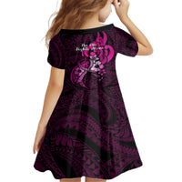 Polynesia Breast Cancer Awareness Kid Short Sleeve Dress Think Pink Polynesian Ribbon Black Version - Wonder Print Shop