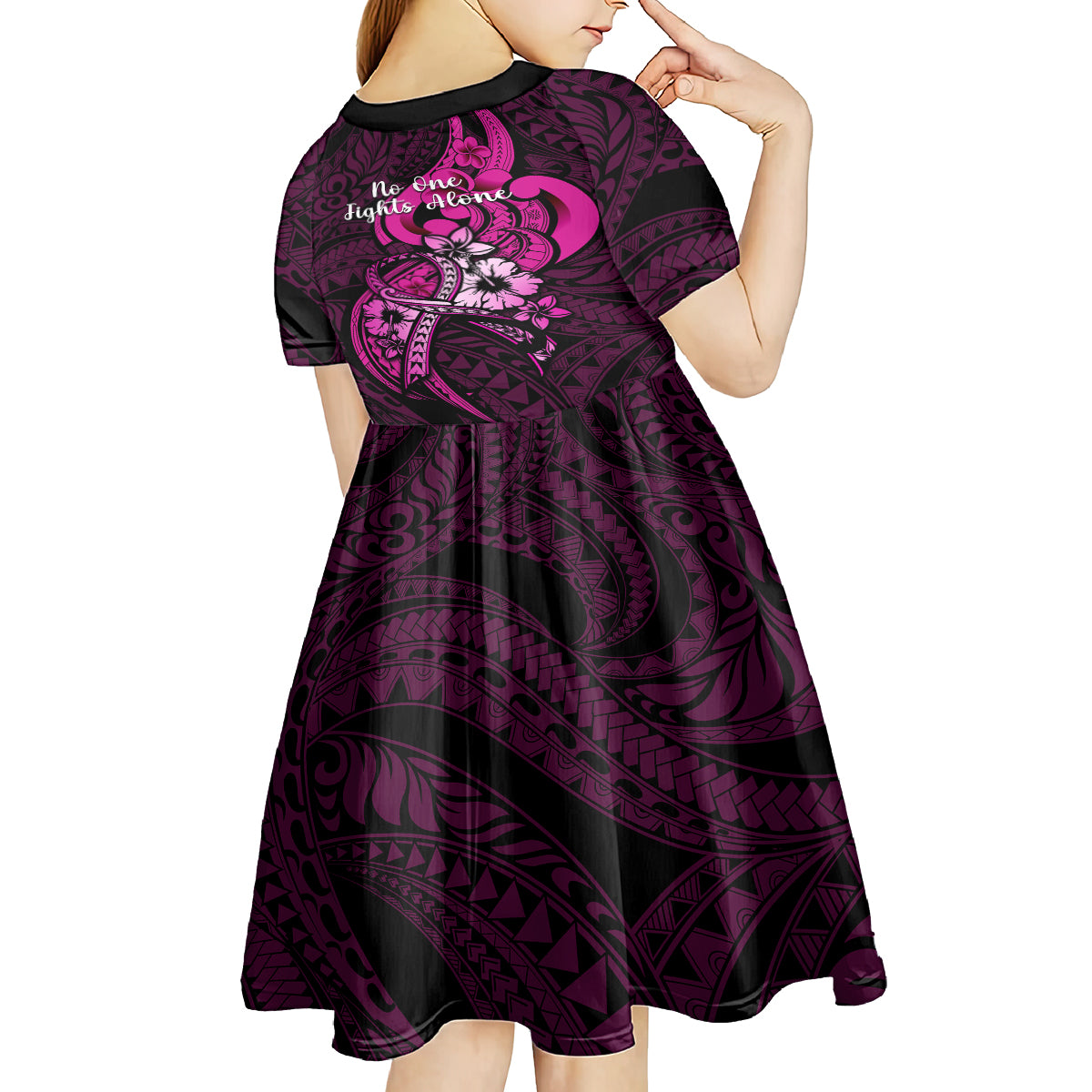 Polynesia Breast Cancer Awareness Kid Short Sleeve Dress Think Pink Polynesian Ribbon Black Version - Wonder Print Shop
