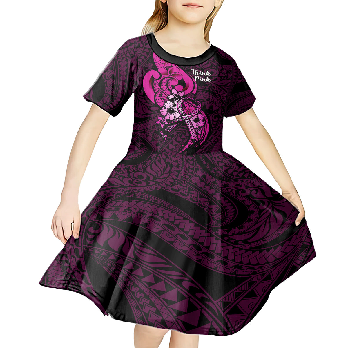 Polynesia Breast Cancer Awareness Kid Short Sleeve Dress Think Pink Polynesian Ribbon Black Version - Wonder Print Shop