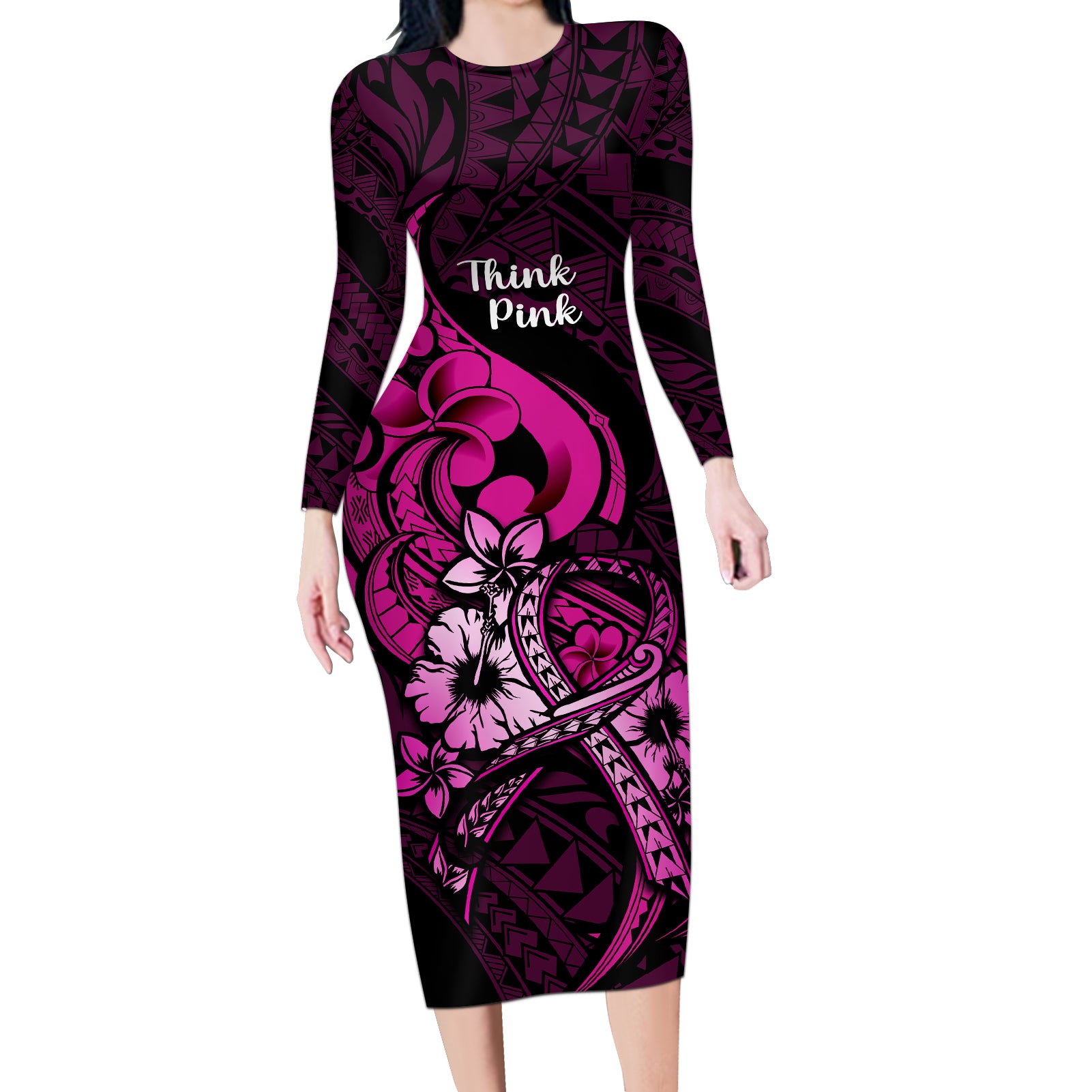 Polynesia Breast Cancer Awareness Long Sleeve Bodycon Dress Think Pink Polynesian Ribbon Black Version - Wonder Print Shop