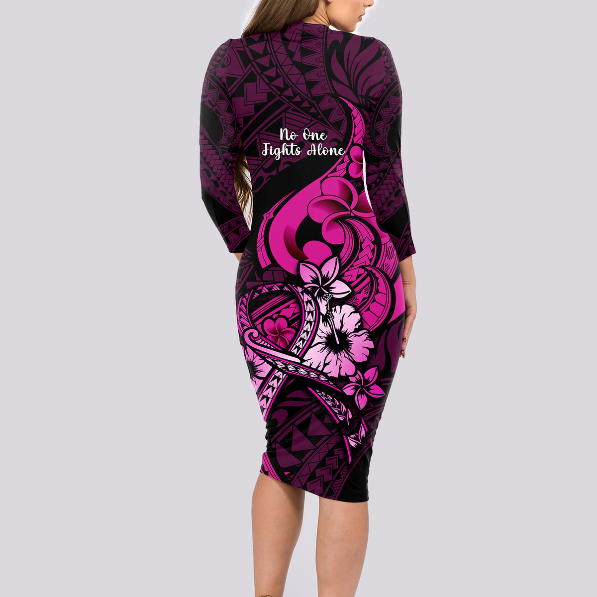 Polynesia Breast Cancer Awareness Long Sleeve Bodycon Dress Think Pink Polynesian Ribbon Black Version - Wonder Print Shop